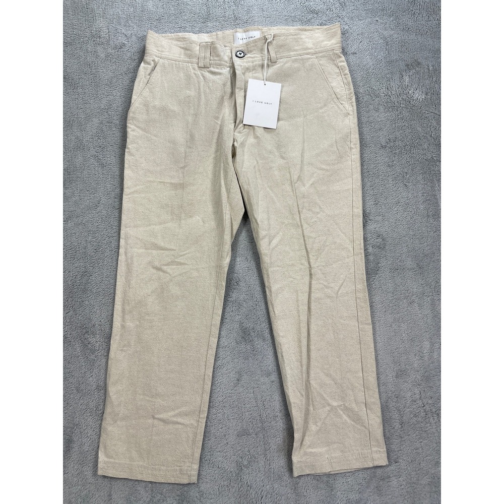 I Love Ugly Slim Kobe Pant Mens Medium Bone Linen Cropped Leg Straight Fit